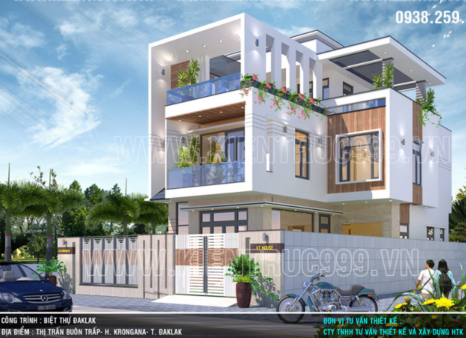 nhà 3 tầng chữ L mái bằng kết hợp với các hình khối vuông 
