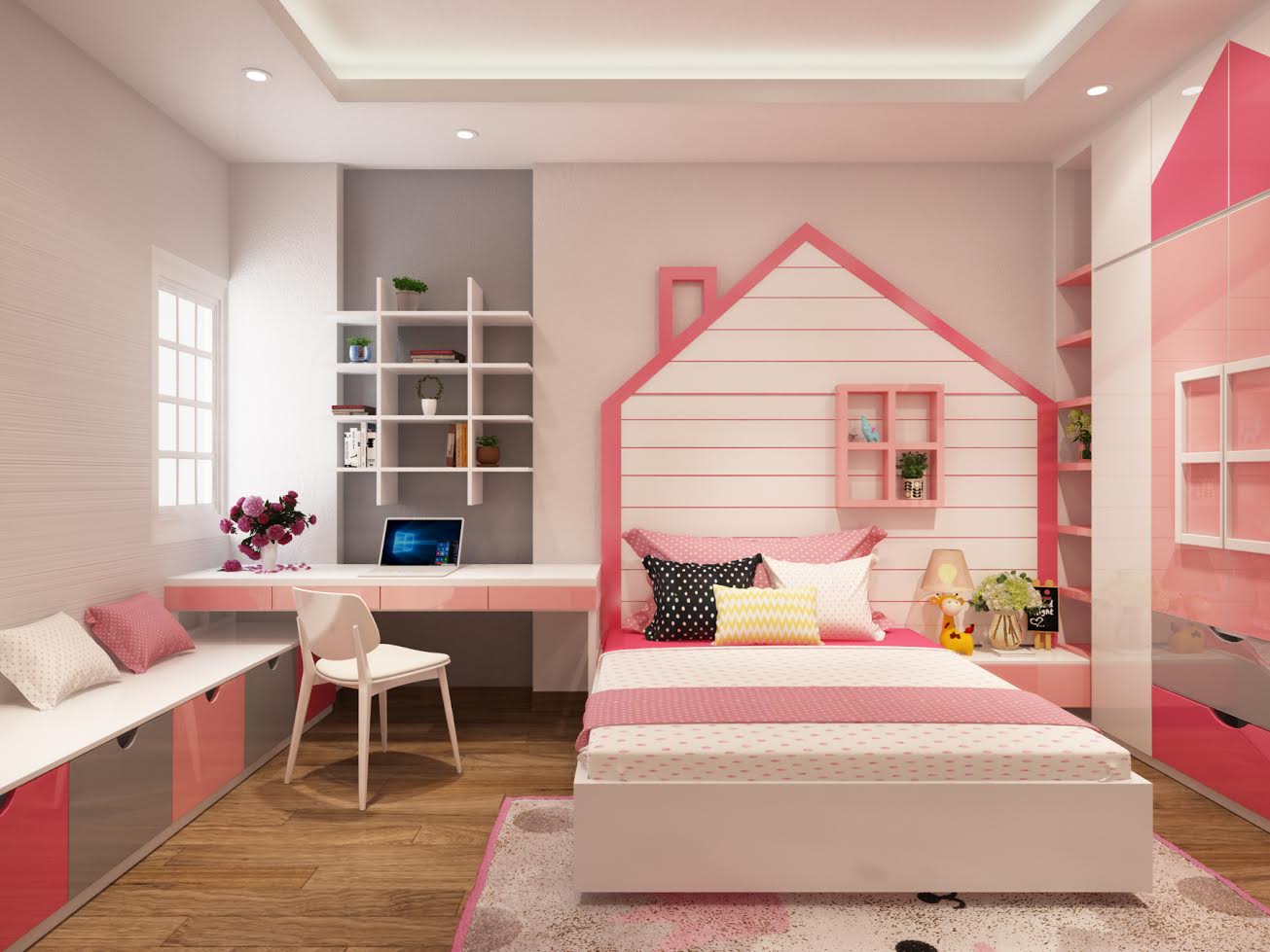 Trang trí phòng ngủ kiểu Hàn Quốc cho bé gái với gam màu trắng chủ đạo, nổi bật trên đó là những chi tiết đường viền màu hồng tuyệt đẹp